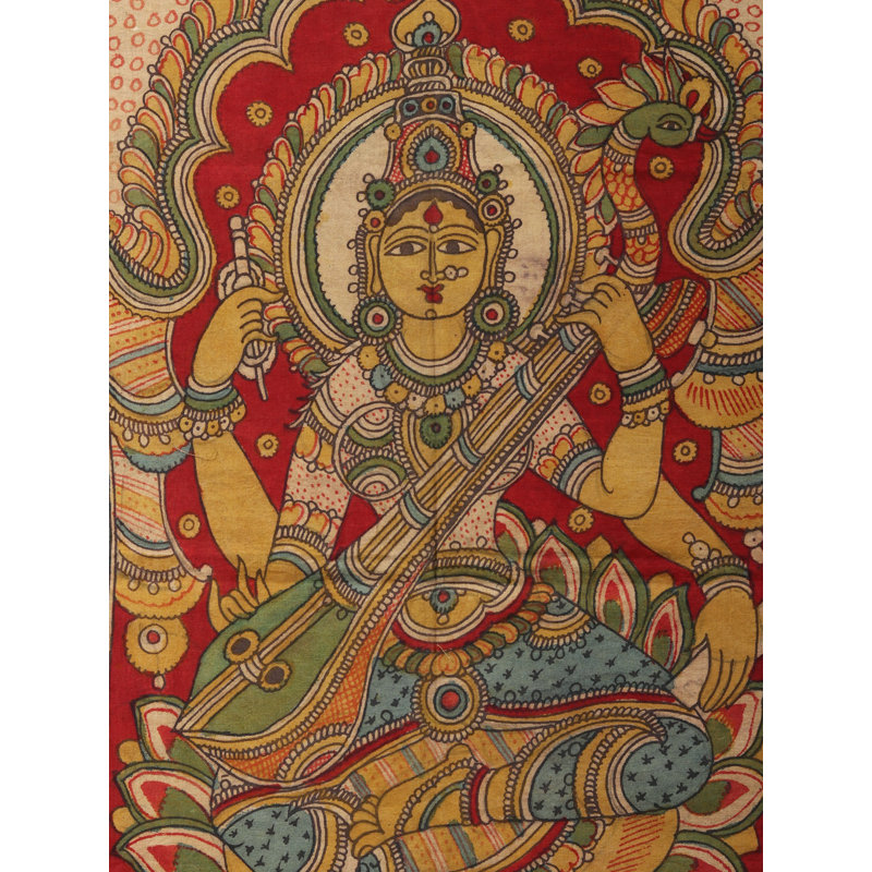 Déesse Saraswati assise sur un lotus | Kalamkari, peinture sur coton