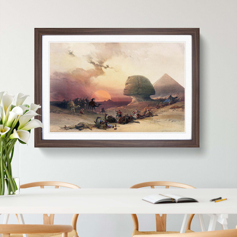 Sunset by the Great Sphinx Pyramids of Giza by David Roberts - Picture Frame Painting Print, Walnut Framed