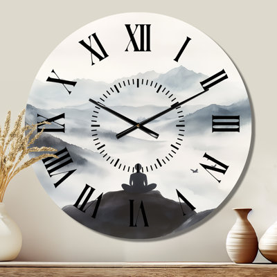 Meditating Figure in Mountain Mist - Zen Metal Wall Clock