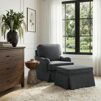 Upholstered Gray Skirted Swivel Accent Arm Chair with Storage Ottoman