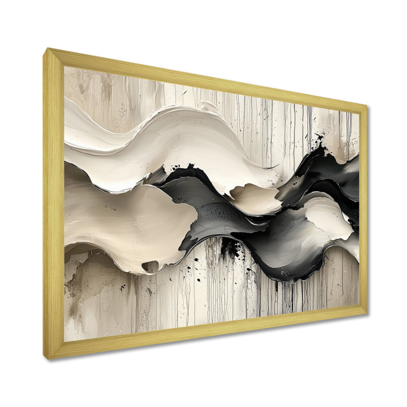 Gris sur fond blanc l'encre rythmique de la rivière Ink II - vagues modernes abstraites, H 16 po x l 32 po, Cadre doré simple