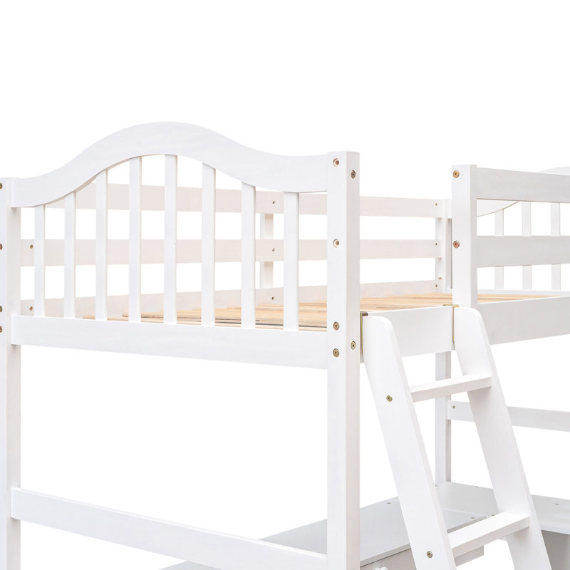 Lit mezzanine simple blanc avec tiroirs - Bureau et armoire en bois massif pour le bureau