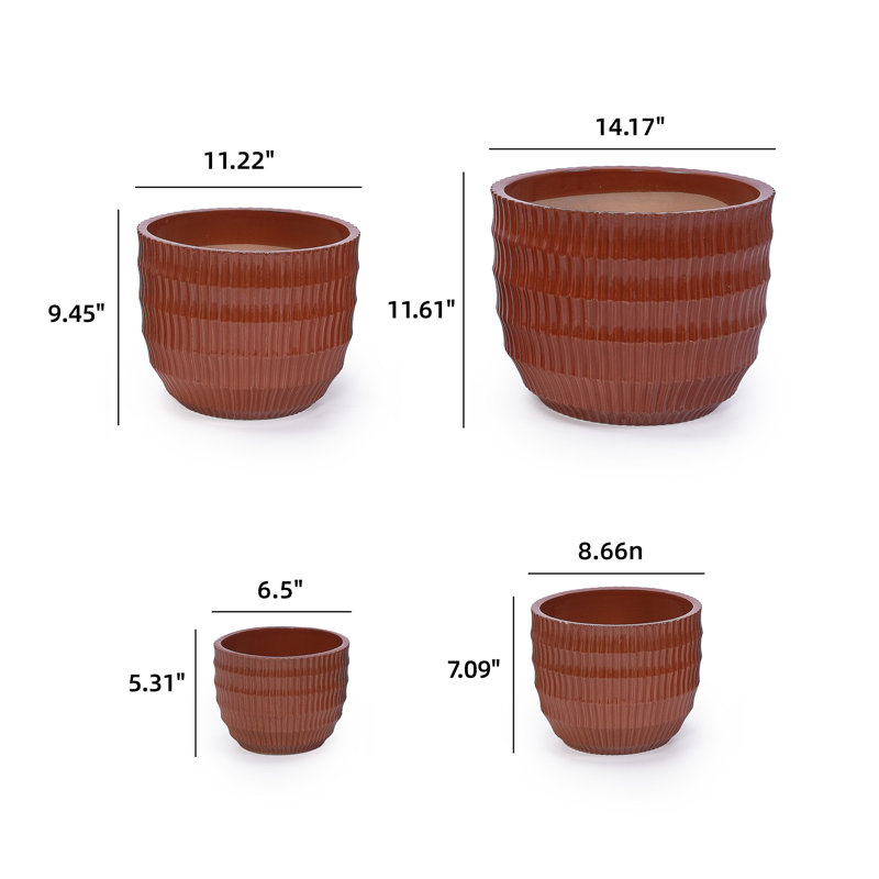Pot de fleurs intérieur / extérieur en céramique moderne avec trou de drainage (ensemble de 4), Rouge