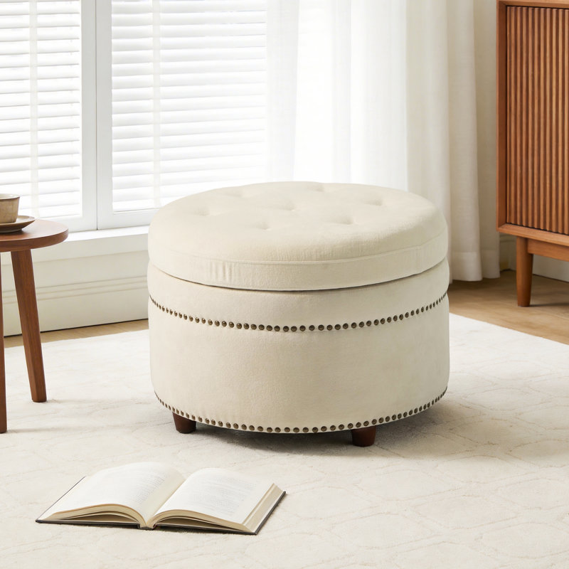 Mika 24" Round Flip-top Storage Ottoman - Dual-sided Seat & Table, Solid Wood Made, Space-Saving Footrest for Living Room & Bedroom