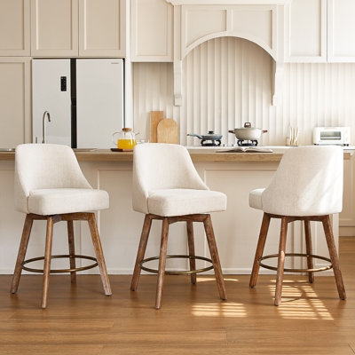 Mid Century Modern Counter Height Bar Stools Set of 3,360° Swivel Barstools with Solid Wood Legs, Island Chairs with Wrap-Around Backrest,Beige Linen Comfort Fabric