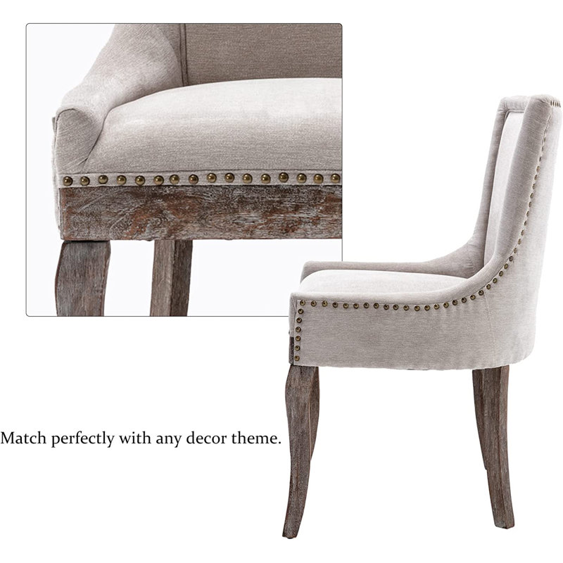 Beige Linen Upholstered Side Chair with Wooden Legs, Set of 2