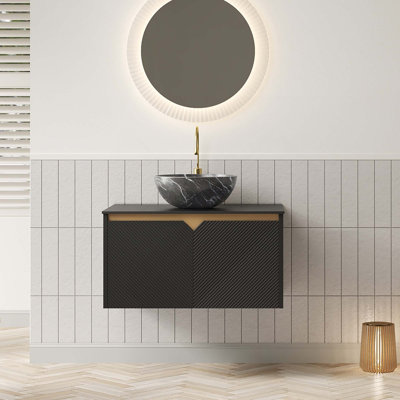 Meuble-lavabo de salle de bain flottant pour salle de bain avec lavabo, portes doubles en sergé avec garniture en métal, vasque en céramique et plateau en pierre frittée