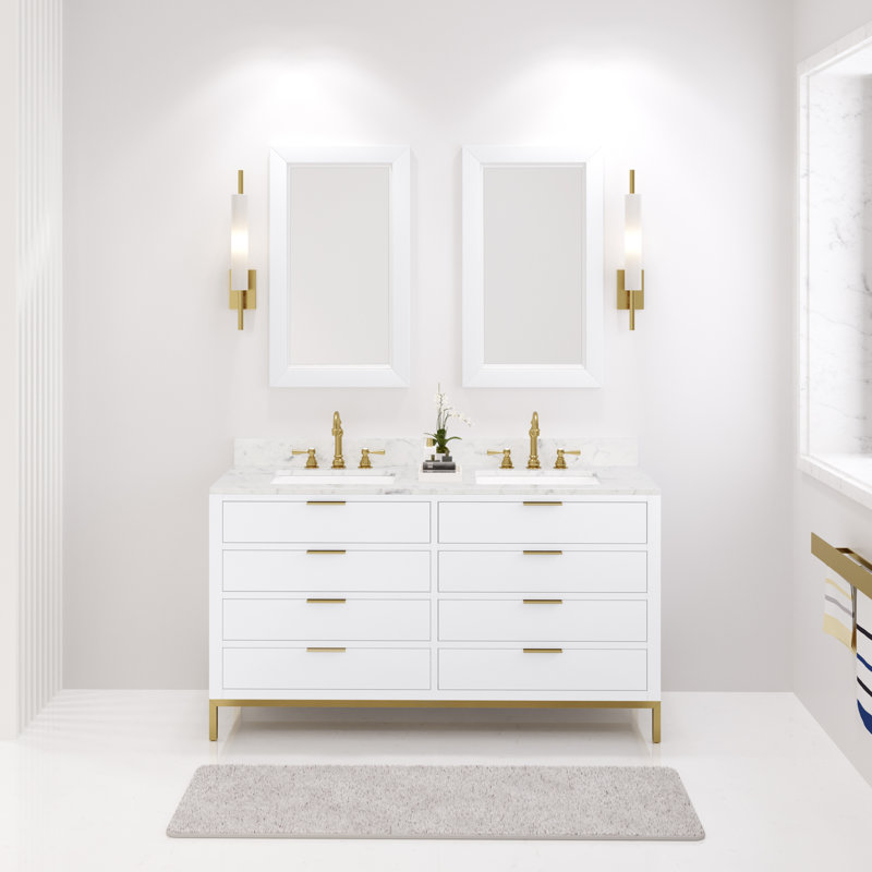 Bristol 60 In. Double Sink Carrara White Marble Countertop Bath Vanity In Pure White With Rectangular Mirrors (S), Pure White