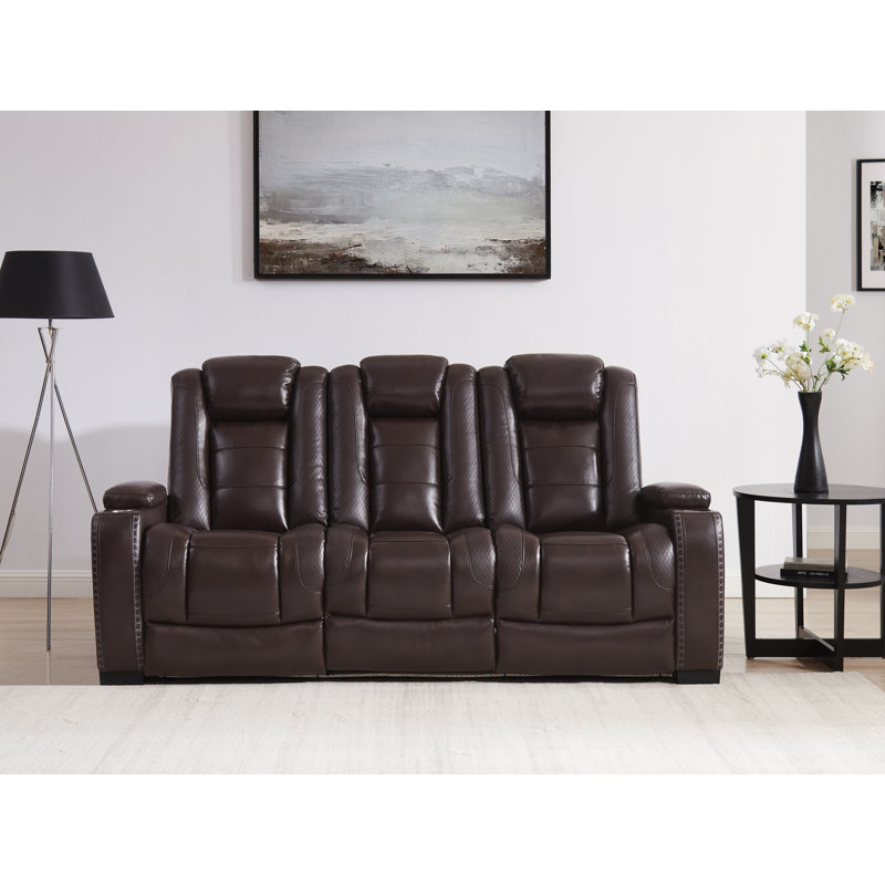 83.5''Wide Breathable Leather Square Arms Power Reclining Sofa With Reading Lights And Drop Down Table, Brown Faux Leather