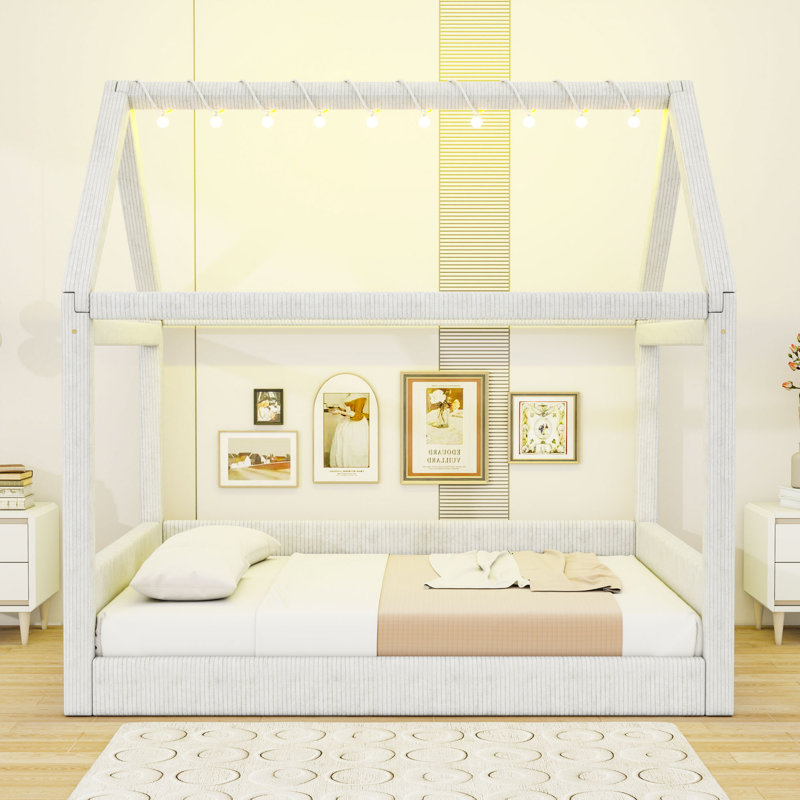 Full Size Upholstered House-Shaped Daybed with Touchable LED Lighting and Slats, Beige