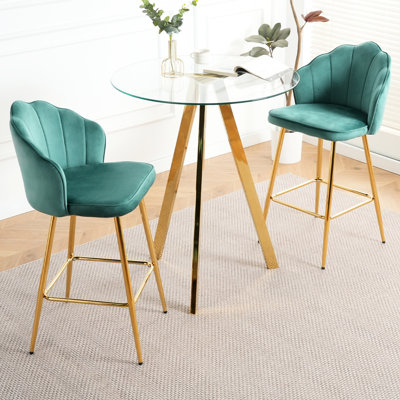Élégant mobilier de bar en velours avec pieds dorés et verre rond, ergonomique, imperméable, comptoir en verre jusqu'à 250 lb, capacité de charge