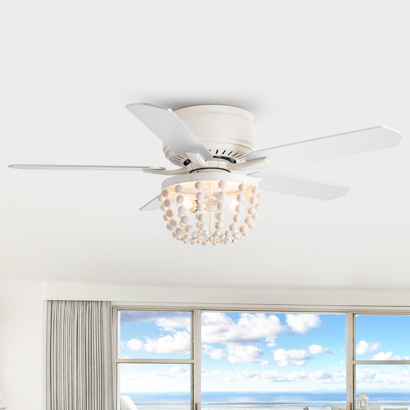 48" Boho 2-Light White Beaded Flush Mount Caged Ceiling Fan with Remote Control, Double-Sided Blades, 3 Speeds Reversible Motor, Timer, Low-Profile Ceiling Fan
