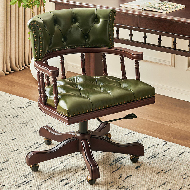 Fauteuil de bureau rembourré avec dossier en cuir massif Vintage Green, Green