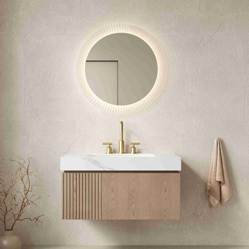 Meuble-lavabo mural, Brun pâle, 36", Blanc de Carrare