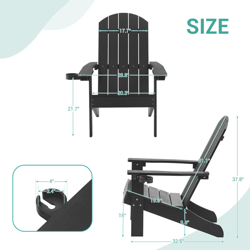 Patio Adirondack Single Chair w/Cupholder Outdoor Chair for Fire Pit, Polywood Plastic Weather-Resistant Recliner, Black