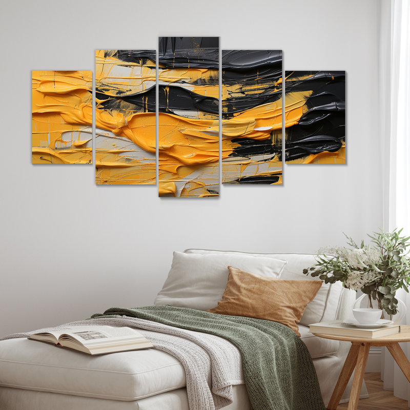 «Bold Mustard Yellow Tranquility - Abstract», ensemble de 5 décorations murales abstraites, H 32 po x l 60 po