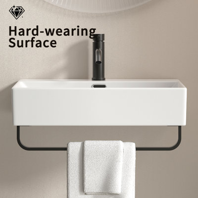 White Vessel Sink, Small Vessel Sink For Bathrooms With Towel Rack, Small Wall Mount Bathroom Sink With Faucet Hole