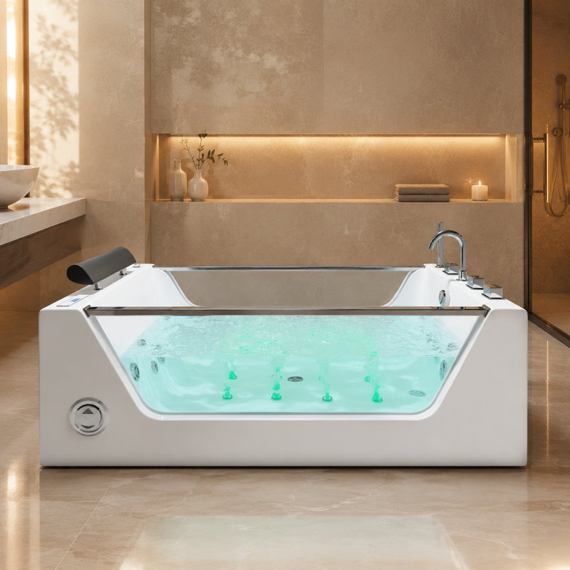 Baignoire balnéo autoportante en acrylique 170 x 71 cm avec chauffe-eau thermostatique, 8 jets d'eau, 8 jets d'air DEL, audio Bluetooth, panneau de commande numérique, appuie-tête et robinetterie inclus, vidange réversible (gauche/droite), blanche