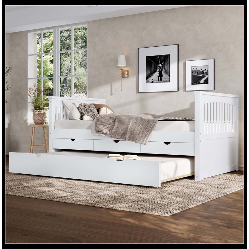 Lit plateforme simple avec tiroirs et lit gigogne, lit de jour en bois massif, sans sommier, blanc