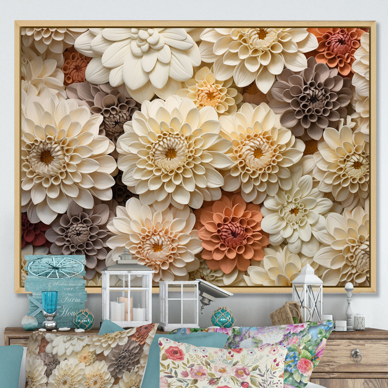 Minimalisme, fleurs de zinnias beiges sur toile, Cadre naturel flottant, H 24 po x l 32 po x P 1 po