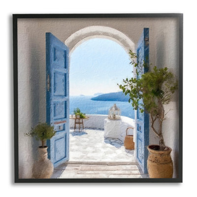 Blue Greek Door Scenery Black Framed Giclee Art by LSR Design Studio