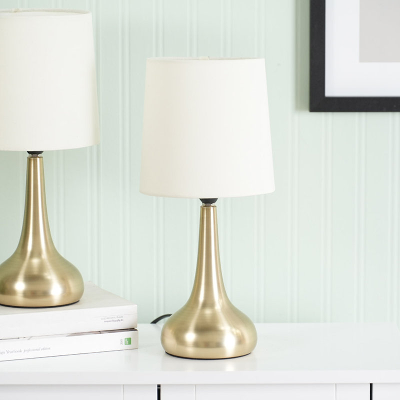 Riorita Pair of Chrome Touch Table Lamps with Fabric Shade and LED Bulbs, Cream, Brushed Gold, Yes