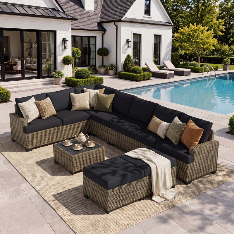 Ensemble de conversation modulaire de patio 10 pièces avec résine tressée en PE, coussins noirs de 10 cm et table basse