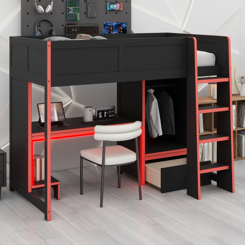 Lit mezzanine en bois avec bureau intégré, garde-robe, DEL et tiroir, Lit simple