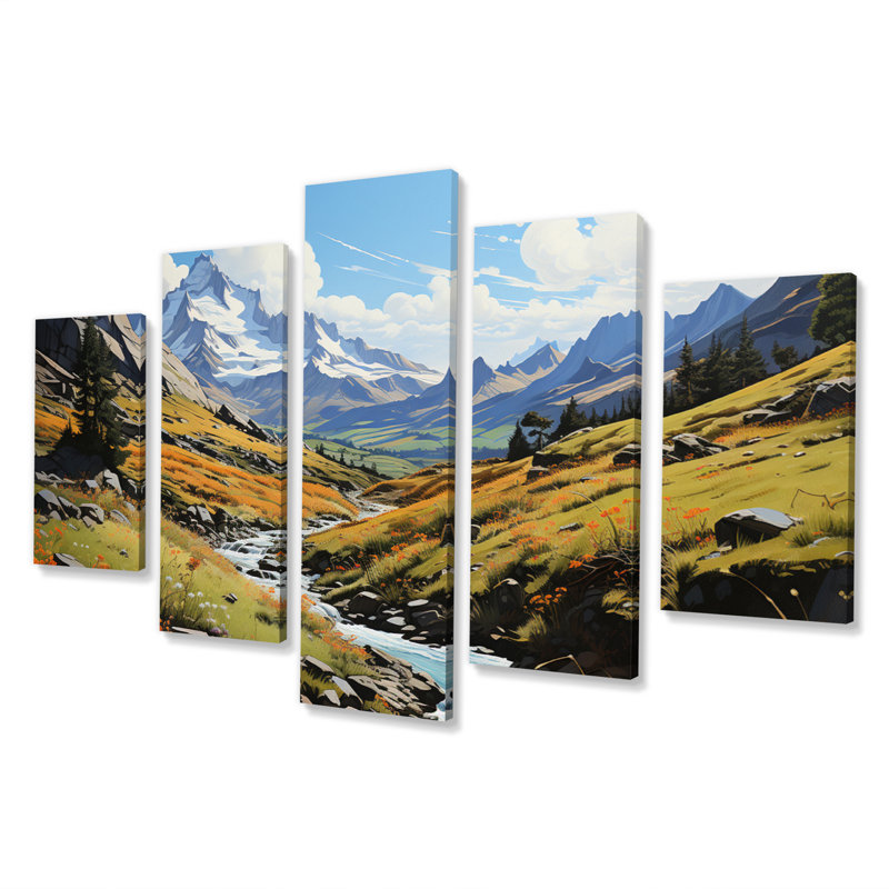 Green Mountains Summer Peaks Pastoral V - Paysages, art mural, salon - 5 panneaux
