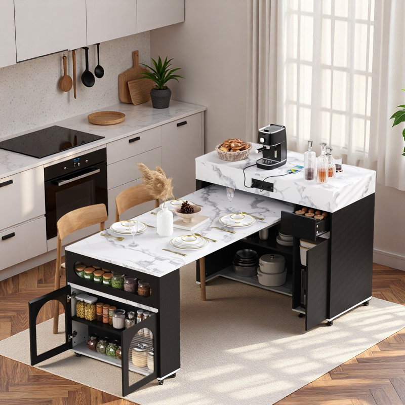 Rolling Kitchen Island With Extra-long Folding Top, Drawers, Cabinets, Power Outlet And Lockable Wheels, Black, White Marble
