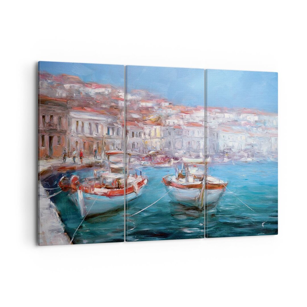 3-tlg. Leinwandbilder-Set Oil Boats Greece