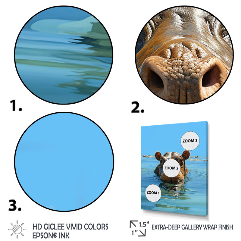Gris, joyeux hippopotame - Hippopotame, art mural, Cadre flottant doré, 20" H x 12" W
