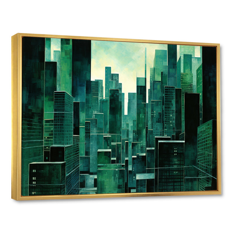 «Jade Juxtaposition Green Skyscraper Cityscape», impression sur toile, H 30 po x l 40 po x P 1,5 po, Cadre flottant doré