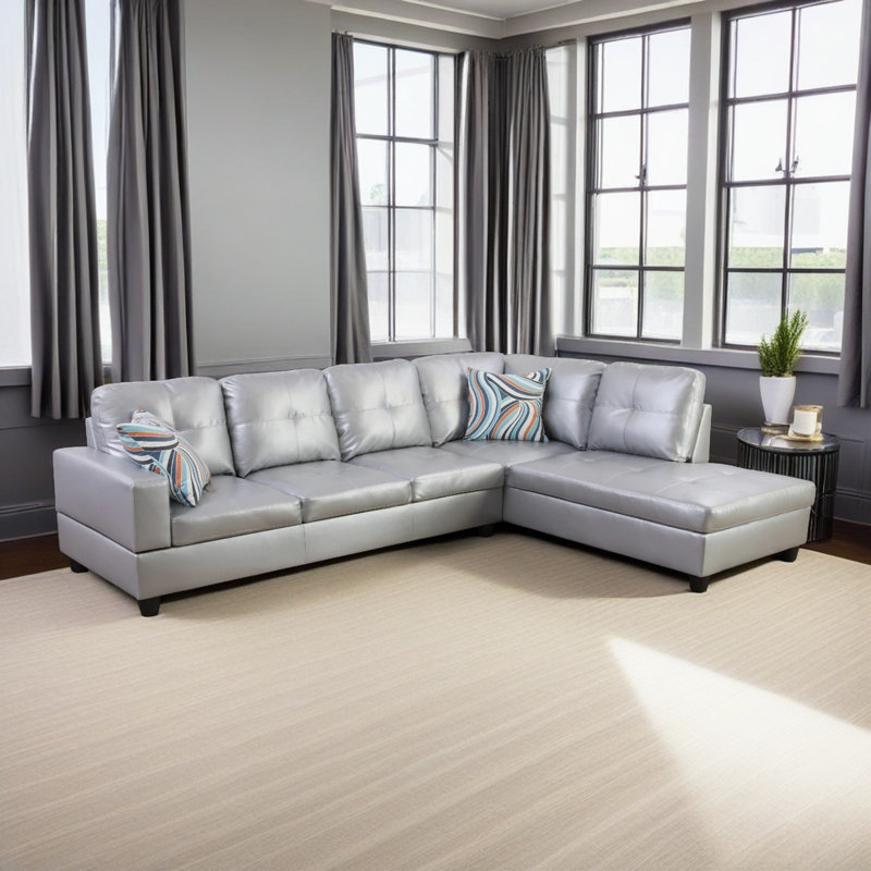 Bawan Faux Leather L-Shaped Sectional, Right Hand Facing, Silver/White Faux Leather