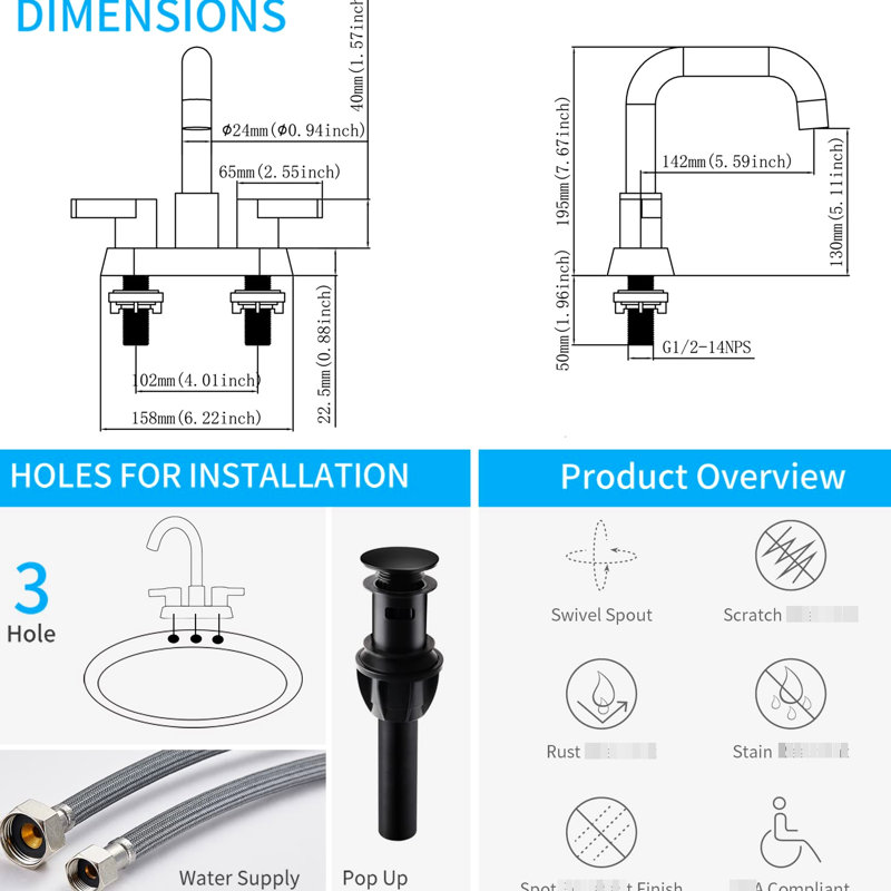 Robinet de lavabo noir mat à 2 poignées, 4 pouces, 3 trous avec bonde escamotable et alimentation en eau, bec rotatif à 360 ° pour les salles de bain américaines