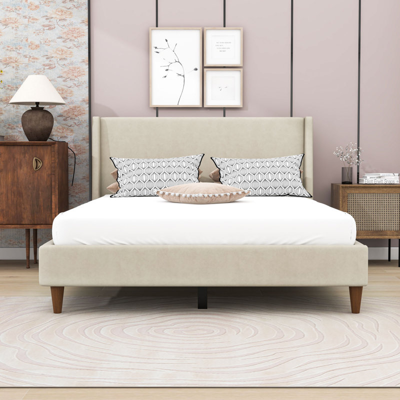 Wood Upholstered Platform Bed with Headboard, Queen