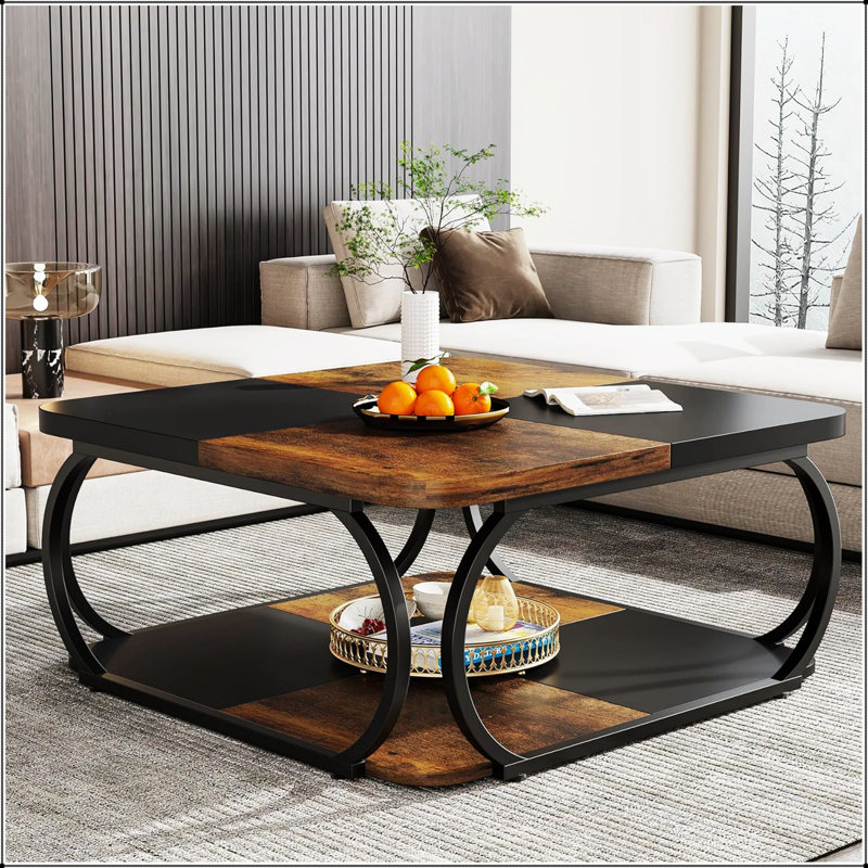 Table basse carrée 39 po avec tablette de rangement - 2 niveaux de style campagnard moderne, structure en métal robuste pour le salon