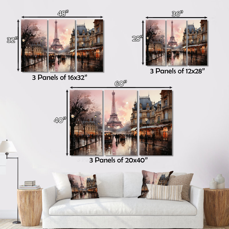 «Pink Twilight Rendezvous In Paris I», reproduction sur toile 3 pièces, H 28 po x l 36 po x P 1 po