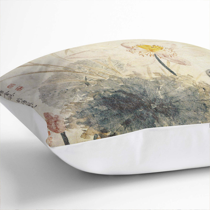 Lotus Flower by Yun Shouping Cushion with Filling, 40cm H x 40cm W x 15cm D, White