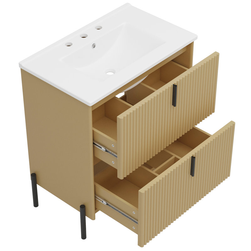 Meuble-lavabo en céramique de 30 po avec cloison de tiroir intelligente, glissières à fermeture en douceur et conception de déversement pour des salles de bain fonctionnelles Rangement intelligent, conception cannelée, comptoir brillant Entretien facile
