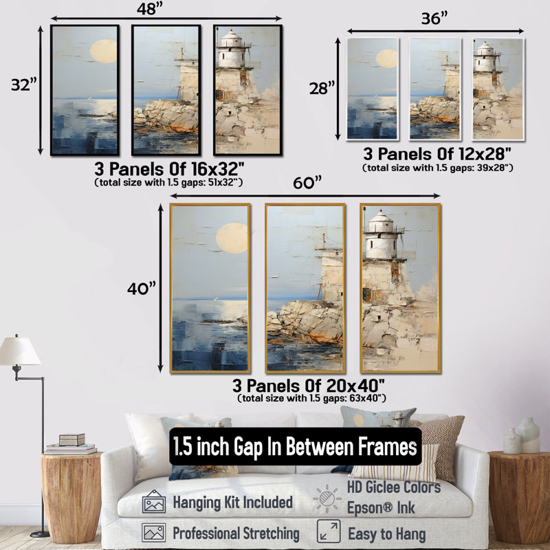 «Minimal Grey Light House Horizon», ensemble d'impression d'art mural, H 28 po x l 36 po x P 1 po, Cadre flottant noir