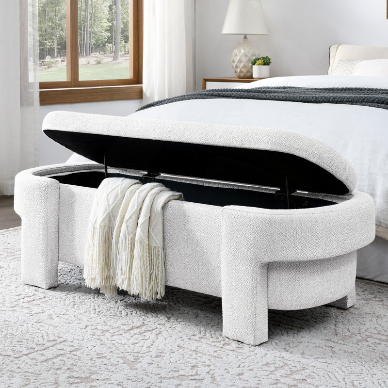 51.5"x20.5"x17" White Linen Fabric Upholstered Storage Bench, Large Flip Top Storage Space, Solid Turned Wood Legs, No Assembly Required, For Entryway Bedroom Living Room