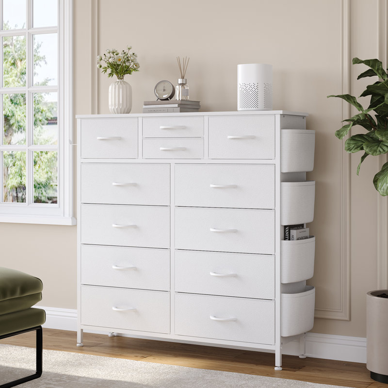 Commode 12 tiroirs pour chambre à coucher avec 4 poches latérales et 2 crochets Forestine, Blanc