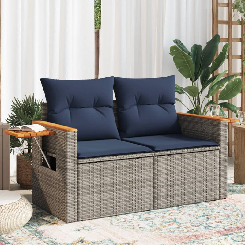  Canapé de patio avec coussins 2 places en rotin de polyester gris