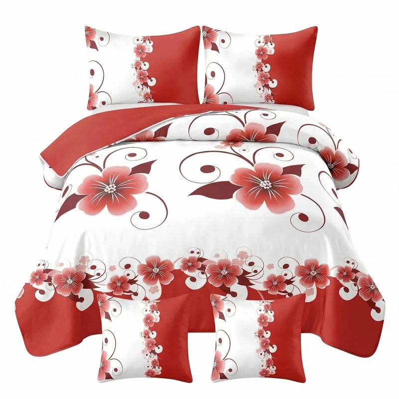 Ensemble de housse de couette 5 pièces à motif floral rouge pour lit California King, avec taies d'oreiller et housses de coussin décoratives
