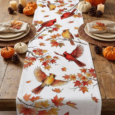 Fall Cardinals Maple Leaf Burlap Table Runner – Rustic Autumn Thanksgiving Kitchen & Dining Table Holiday Decor