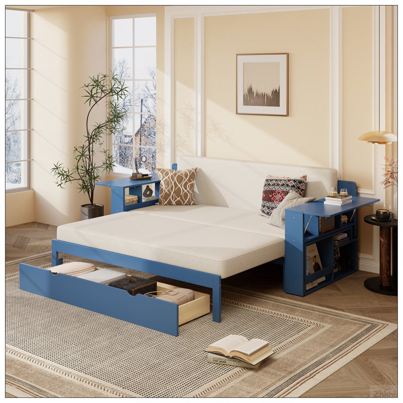 Grand lit de jour avec bureau amovible, tiroirs de rangement et table d'appoint hydraulique, bleu, Bleu