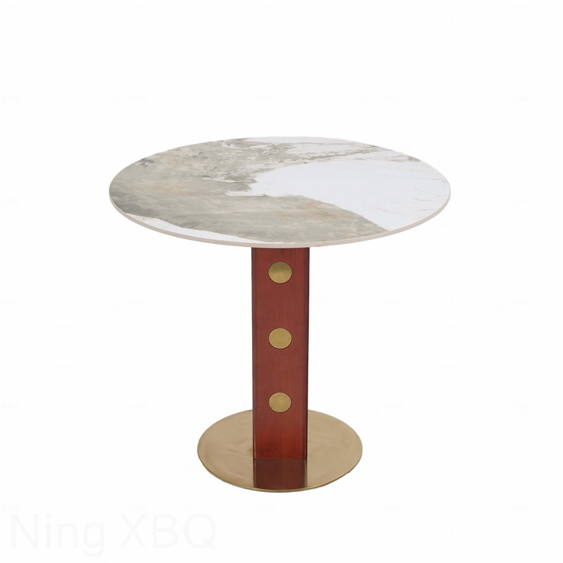 Modern Round 33.5" Dining Table Sintered Stone Table Wooden Leg Gold Base 2 Person 150Lbs Capacity, White/Beige