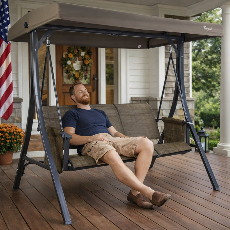 Kozyard Brenda 3-Seat Outdoor Porch Swing Glider, Patio Swing with Adjustable Canopy, Heavy-Duty Steel Frame, Breathable Textilene Seat and Backrest, Side Pockets, Taupe