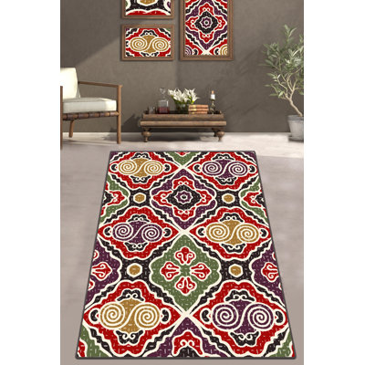 Tapis en velours / polyester géométrique rouge / vert / jaune Riter